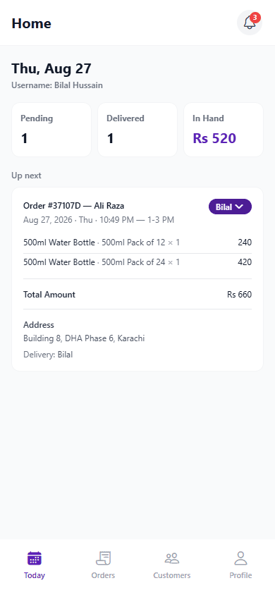 4Supplier delivery person home screen showing pending, delivered, and in-hand cash