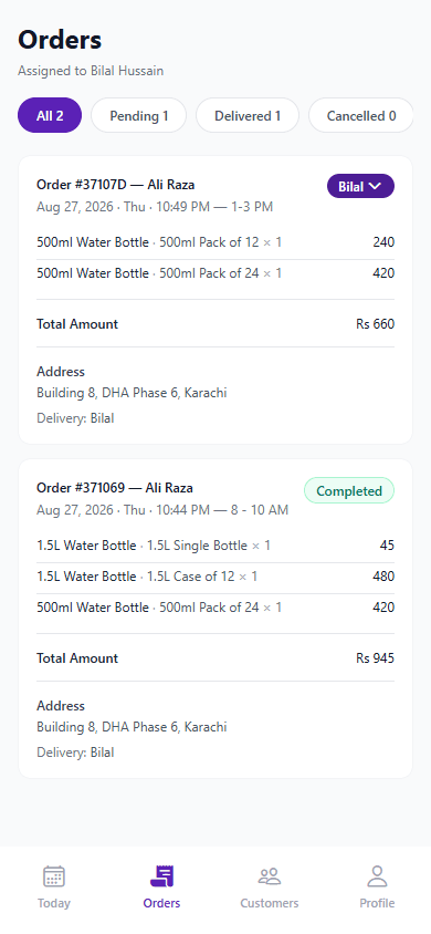 4Supplier delivery person orders screen showing assigned deliveries