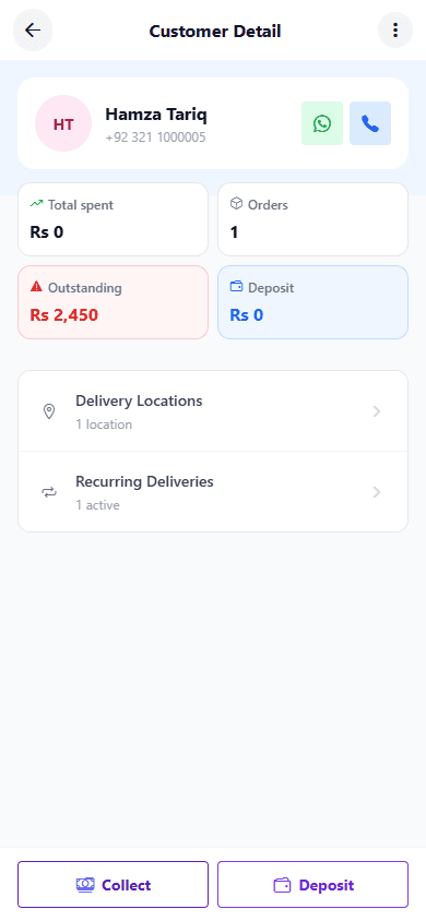 4Supplier customer detail screen showing total spent, orders, outstanding balance, and deposit