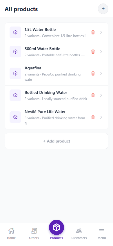 4Supplier product catalog screen showing products with size and price variants
